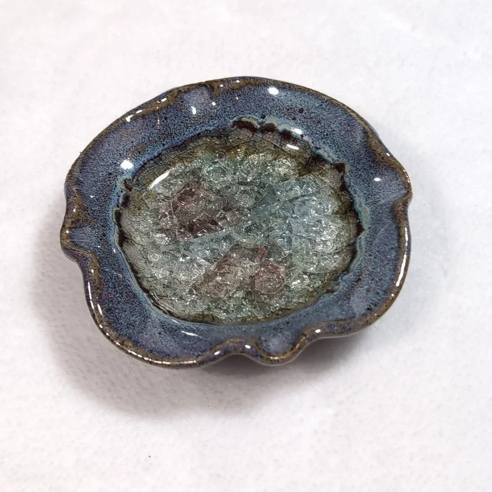 Studio Pottery Wavy‎ Edge Glazed Melted Crackled Glass Trinket Ring Dish Geode
